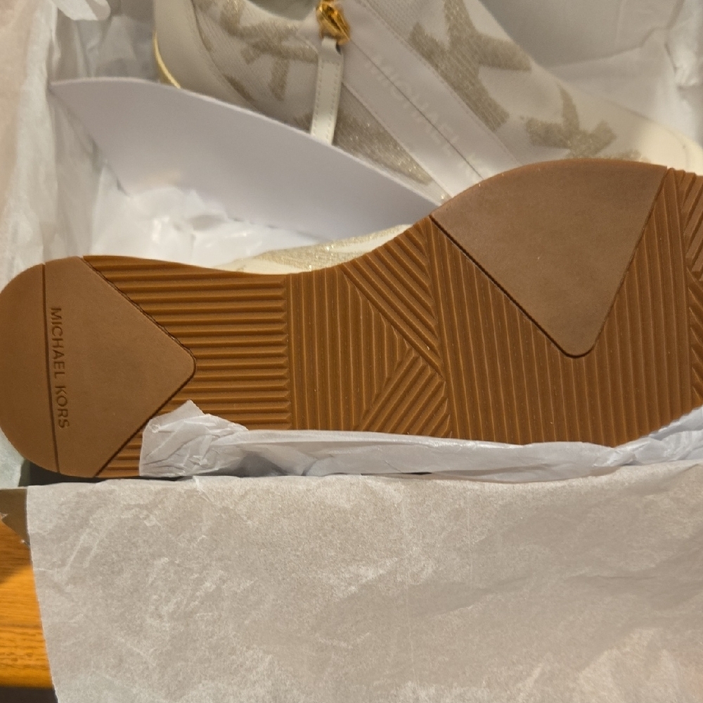 NEW Michael Kors Cream and Gold Wedge Slip-On Sneakers - Picture 2 of 8